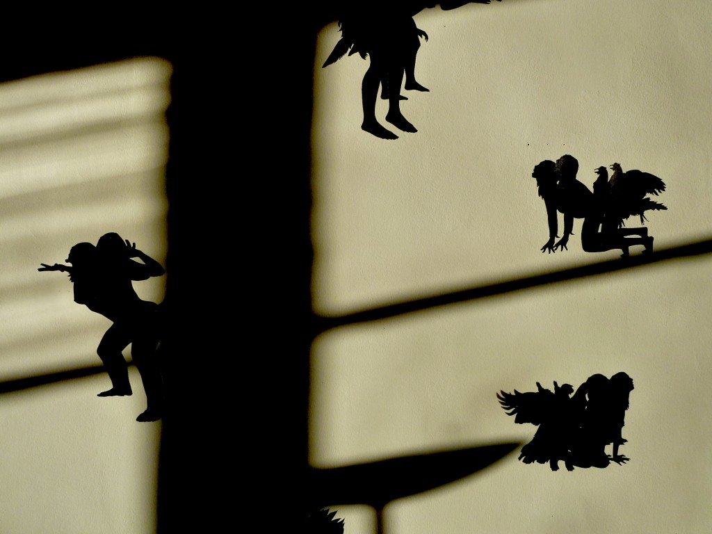 Peintures à l'encre de Chine sur papier, série Les ombres volantes de Sarah Venturi.